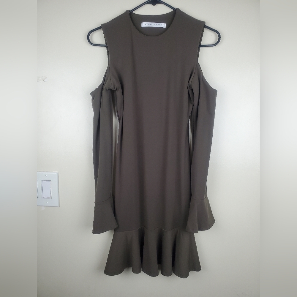 Susana Monaco Ruffle Shift Dress Cold Shoulder Long Sleeve Green Size XS